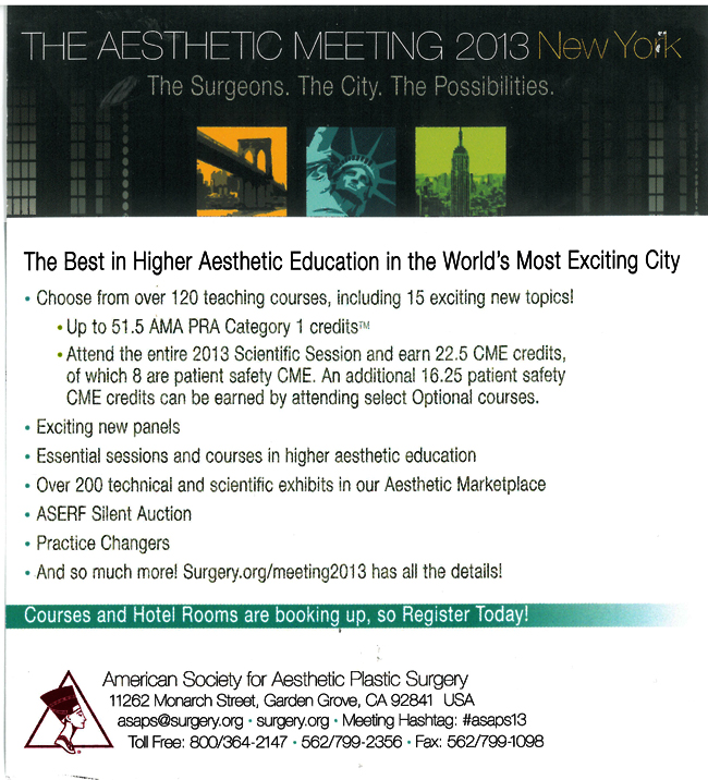 Dr. Becker to speak at THE AESTHETIC MEETING 2013 in New York Saturday, April 13 Subareolar Mastopexy