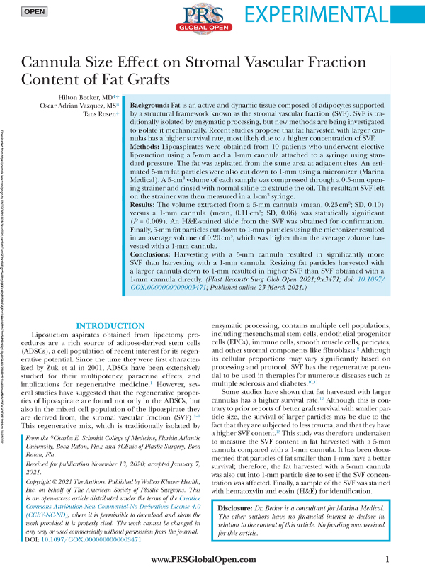 Cannula Size Effect on Stromal Vascular Content of Fat Grafts